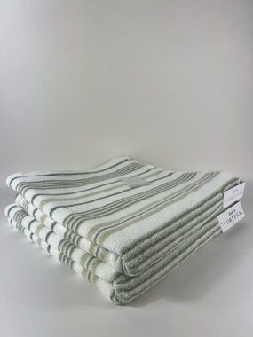 Felpinter Bath Towels Green Tan White Striped Soft Combed Cotton Set of 2 NEW